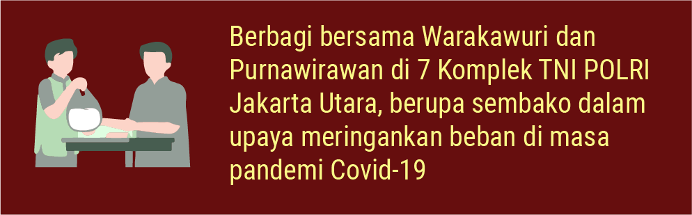 Berbagi bersama Warakawuri dan Purnawirawan di 7 Komplek TNI POLRI Jakarta Utara, berupa sembako dalam upaya meringankan beban di masa pandemic Covid-19